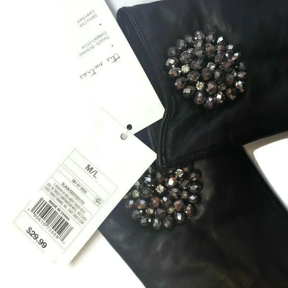 Leather Tech Touch Screen Gloves with Broach Womens M/L Black Winter